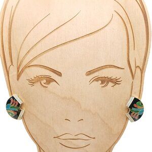 Vintage Chinese Cloisonné Fan Shaped Stud Earrings Multicolor Enamel Art Deco